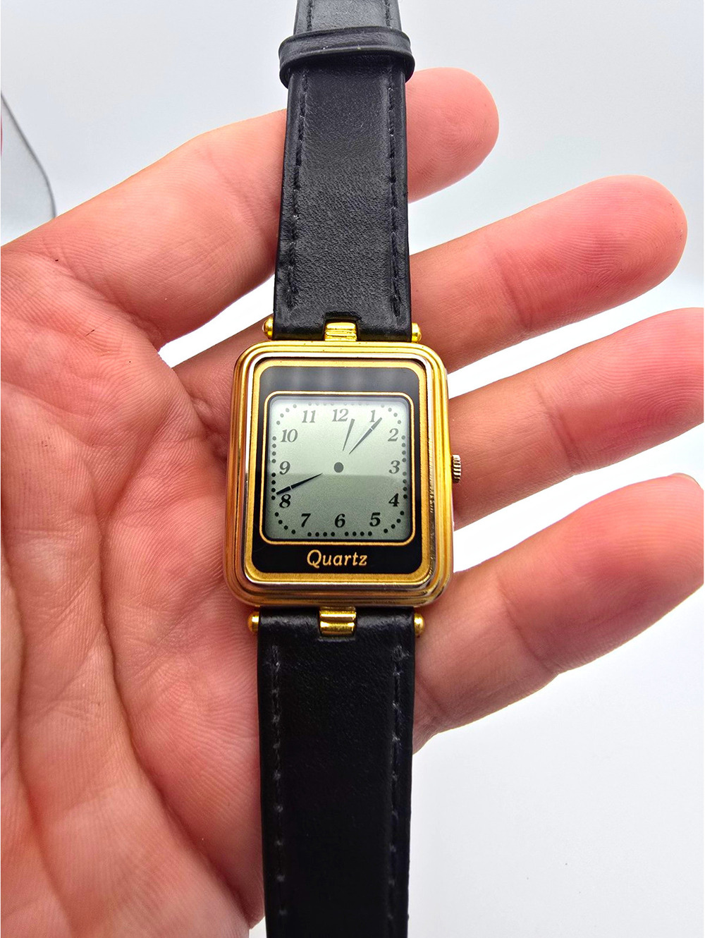 INOX Women’s Quartz Analog Rectangle Watch Gold Tone SS Case Black Leather